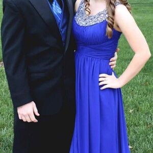 Blue Formal Gown with Beaded Neckline — Prom, Wedding, Bridesmaid, Formal Dress